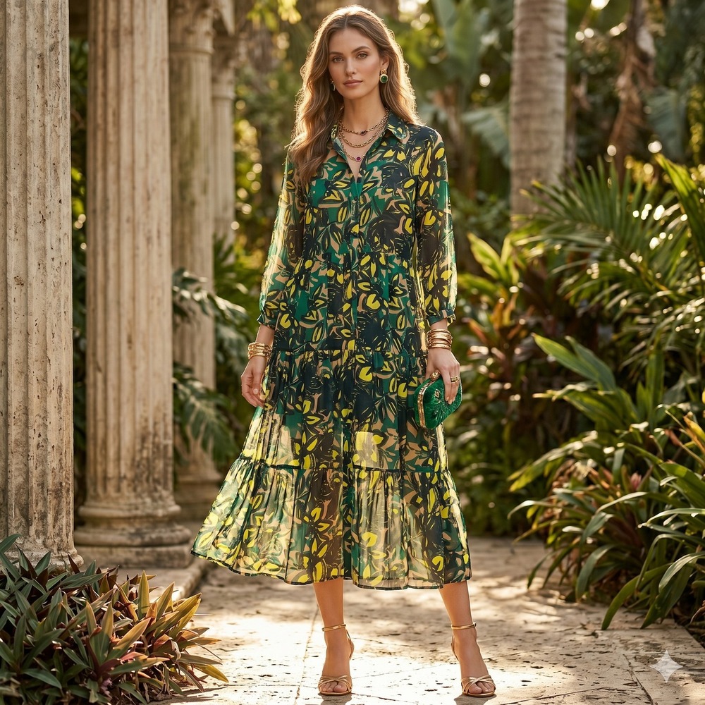 So Perla Abstract Floral Shirt Dress Small Green Yellow Tiered Chiffon Maxi Midi